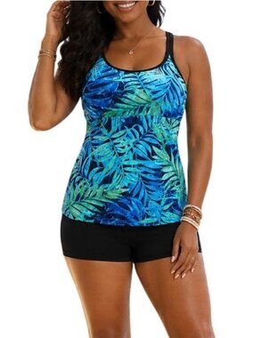 Yonique Size Medium Tankini Set Tropical Print Criss Cross Swim Tank W/ Shorts